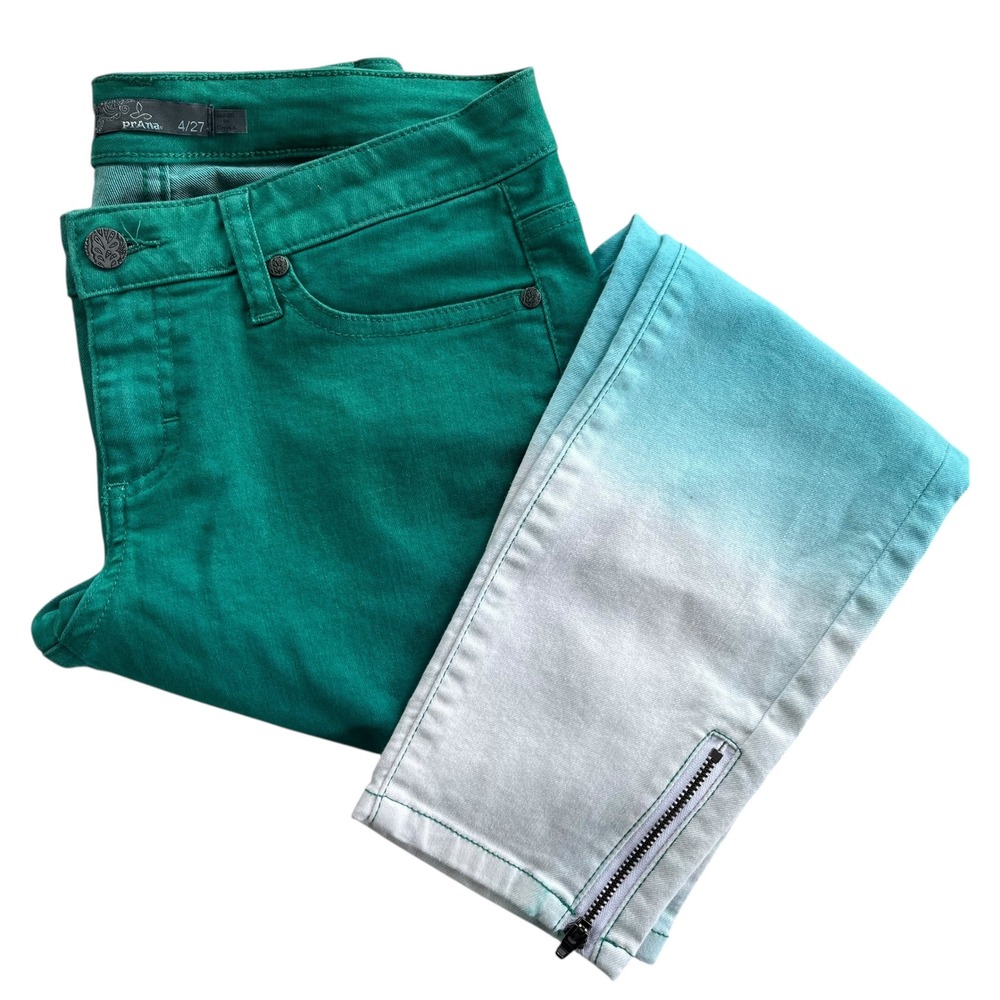 Prana Womens Sz 4/27 Green Dynasty Gradient Low Rise Jett Ankle Zip Skinny Jeans